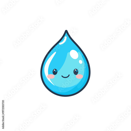 A cartoon-style illustration of a happy blue water droplet with rosy cheeks, and black outlines