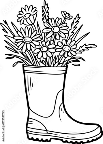 Black and white line of a rubber boot filled with daisies and grass wellington flower