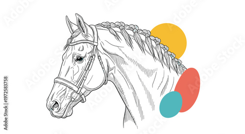 Elegant horse head illustration features a meticulously braided mane and vibrant geometric circles in a clean vintage artistic style.