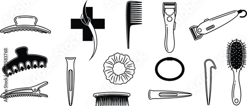 Hair Accessories and Hairdresser Tools Outline Icon Set with Comb Clippers Brush Hairpins and Scrunchie Vector Collection