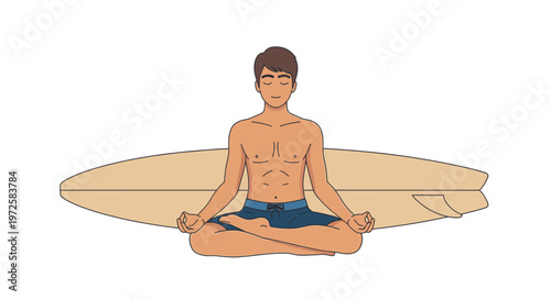 Young man meditating in lotus position with a surfboard behind him, embodying a serene and balanced beach lifestyle, mindfulness, and healthy living illustration.