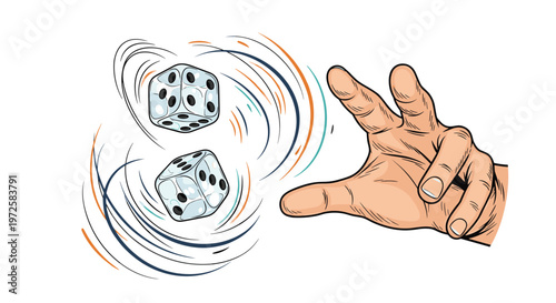 Dynamic hand-drawn illustration captures the action of a hand throwing two dice with swirling motion lines on a clean white background.