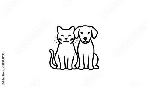 Simple Cat and Dog Sitting Together Line Art Icon Vector on White Background
