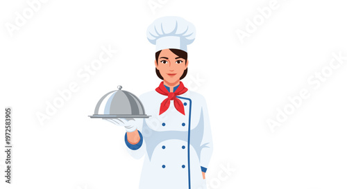 A professional female chef dressed in a crisp white uniform with a vibrant red neckerchief holds a gleaming silver cloche on a serving tray.