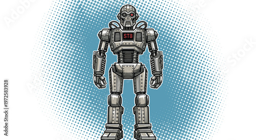 Classic metallic robot character stands in a confident pose against a blue halftone background in a detailed retro comic book art style.
