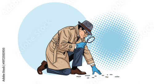 Professional detective in a trench coat and gloves investigates a crime scene using a magnifying glass to find hidden evidence on the floor.