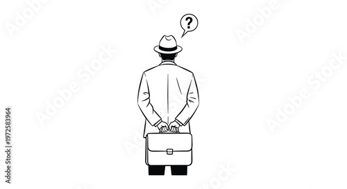 Back view of a mysterious man in a fedora and suit carrying a briefcase with a floating question mark representing doubt or curiosity.