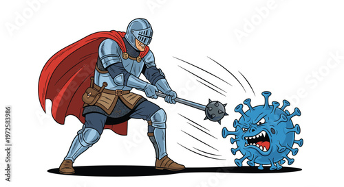 Brave medieval knight in full armor swings a spiked mace to defeat a large blue virus monster in a conceptual battle against illness.