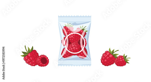 A transparent plastic packaging bag filled with ripe red raspberries is positioned between two small clusters of fresh berries adorned with vibrant green leaves.