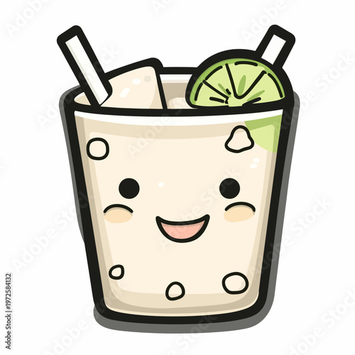 Adorable cartoon cocktail with a smiling face, ice cubes, and a kiwi slice. Two straws are present