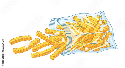 Golden crinkle-cut french fries spill out from a clear plastic bag onto a clean white surface under bright and even studio lighting for a snack theme.
