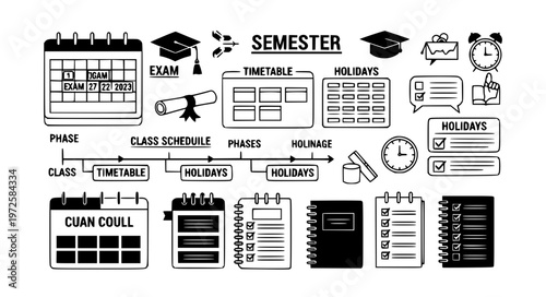 Layered Academic Calendar with Semester Timeline and Class Schedule Blocks Black Silhouette Vector Illustration