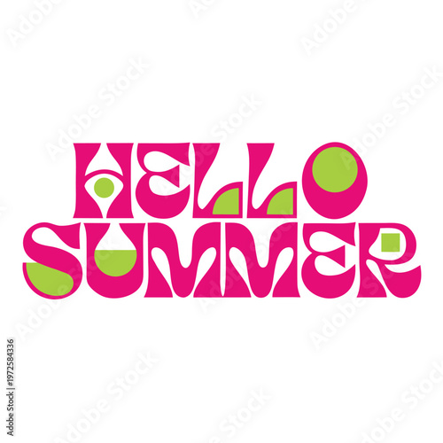 Bold pink and purple summer greeting with multicolored lettering and sun hello