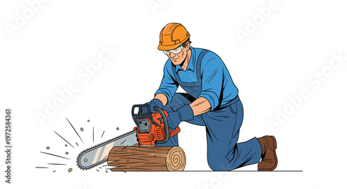 Hardworking lumberjack in a safety helmet and goggles uses a gas chainsaw to cut through a wooden log on a clean white background.