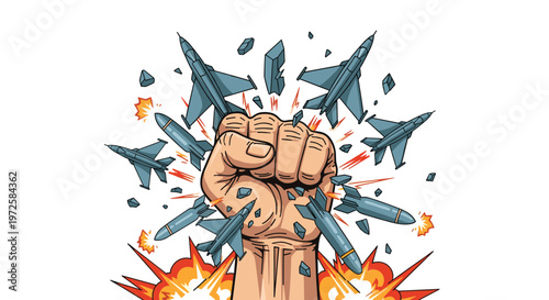 Powerful human fist rises from an explosion to crush multiple military fighter jets and missiles in a conceptual theme of strength and war.
