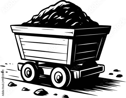 Black and white of a mine cart filled with coal a white background wagon mining