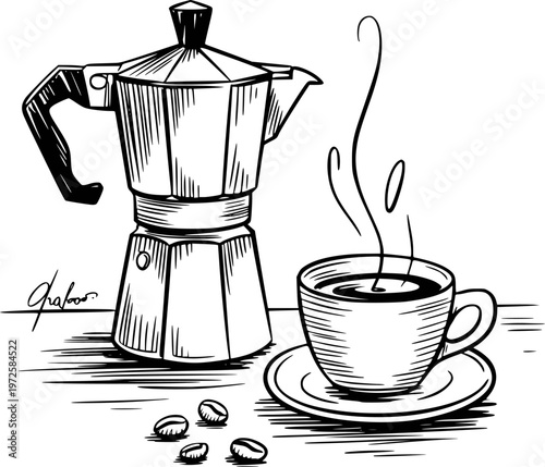 Black and white of a moka pot coffee maker with a steaming cup and coffee beans espresso