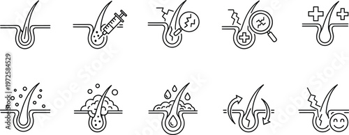 Hair Follicle Treatment Line Icon Set Vector Illustration with Hair Loss, Scalp Care, Injection and Dermatology Icons Collection