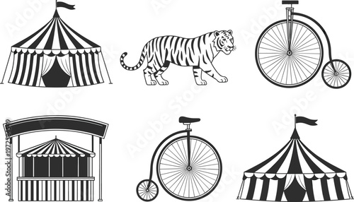 Circus icons set, vintage carnival elements collection with tent tiger and unicycle for entertainment design