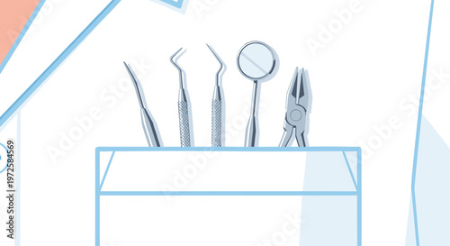 Meticulous stainless steel dental tools featuring textured handles and a reflective mirror are stored in a clean white medical pocket for easy access.