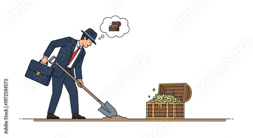Determined businessman in a suit and hat digs into the ground with a shovel while dreaming of finding a treasure chest full of gold.