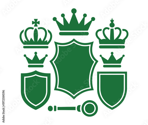 Green Heraldic Crests and Crowns with Shield and Key