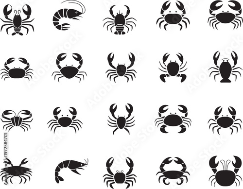 Black silhouettes of various sea crabs and shrimps on white background