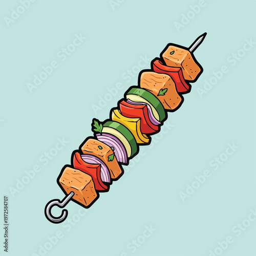 A vibrant cartoon illustration of a delicious vegetable and meat skewer grilled to perfection, featuring colorful peppers, onions, and zucchini.