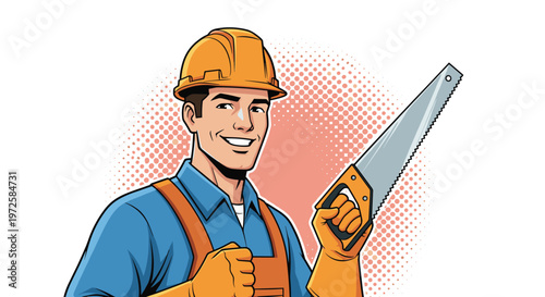 Happy male construction worker in a hard hat and overalls holds a hand saw while smiling confidently against a red halftone background.