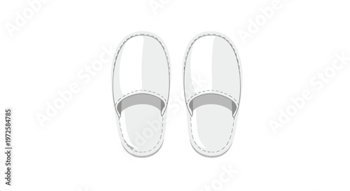 A pair of clean white disposable fabric slippers for hotel guests is displayed in a flat lay composition against a bright and minimalist white surface.