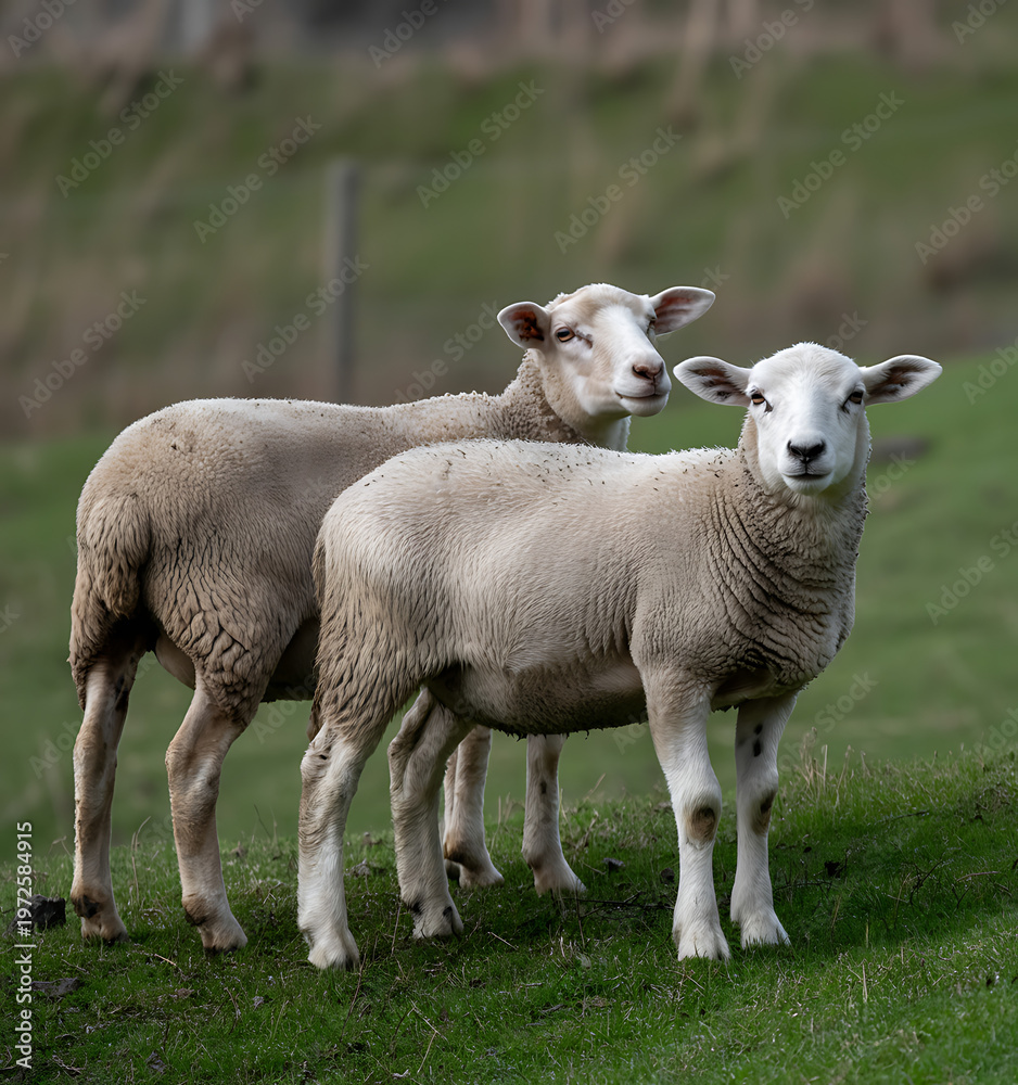 Fototapeta premium sheep grazing on green grassland