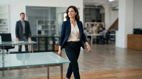 Confident Entrepreneur Stepping Forward While Blurred Rival Figure in Office