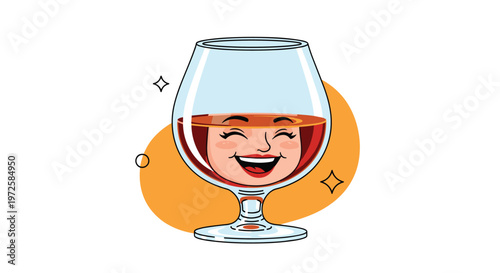 Elegant glass of brandy features a joyful smiling face reflected inside the golden liquid against a warm orange circular background.