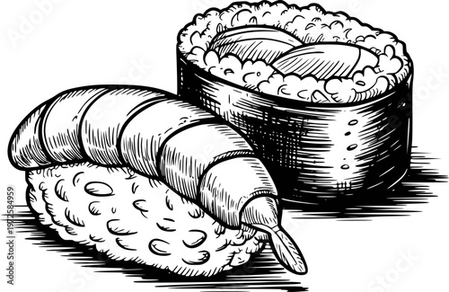 Hand Drawn Black and White of Shrimp Nigiri and Maki Sushi Roll seafood