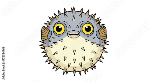 This detailed front view of a round pufferfish showcases its large expressive yellow eyes and sharp defensive spines against a stark white background.