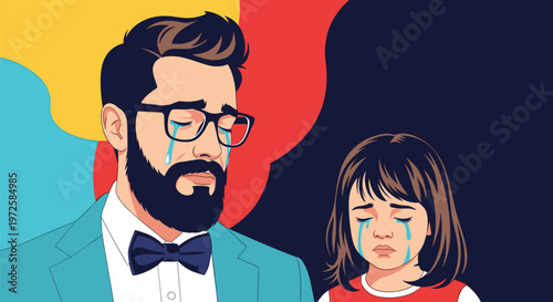 Heartbreaking illustration shows a bearded man in a suit and a young girl both crying with tears streaming down their sad faces.