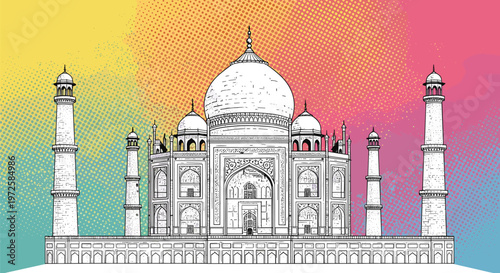Detailed artistic sketch of the Taj Mahal monument is presented against a vibrant colorful background with halftone textures and dots.