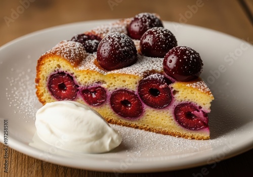 A slice of delicious cherry clafoutis cake served with a dollop of whipped cream on a white plate