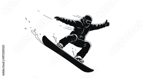 Snowboarder performing an impressive air jump while wearing a helmet and goggles, giving a thumbs up in a black and white illustration.