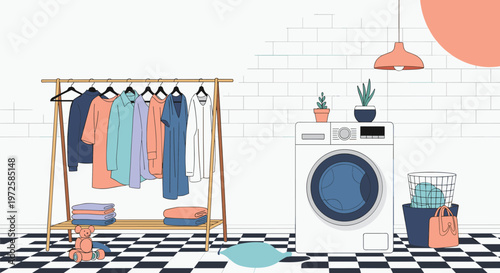 Interior view of a laundry room featuring a modern washing machine, a wooden clothes rack with garments, and a checkered tiled floor.