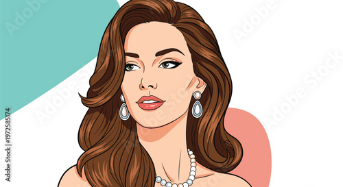 Elegant woman with wavy brown hair wearing pearl earrings and a necklace, depicted in a stylish pop art portrait with colorful shapes.