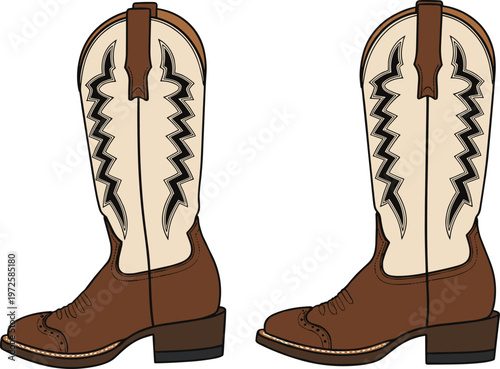 Pair of Brown Leather Cowboy Boots with Decorative Stitching Vector Illustration for Western Fashion, Country Music Posters, Rodeo Events, and American Heritage Apparel Designs