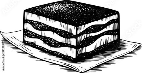 Hand Drawn of a Layered Tiramisu Cake Slice a Square Plate dessert food