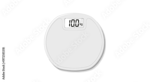 A modern round white digital bathroom scale with a clear glass surface displays a weight of one hundred kilograms against a clean white background.