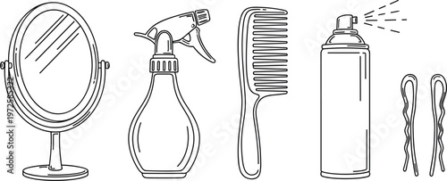 Hair Styling Tools Line Icon Set Vector Illustration with Mirror, Spray Bottle, Comb, Hair Spray and Hair Pins Collection