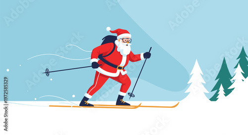 Santa Claus skiing across a snowy landscape with white trees and a light blue sky, wearing his traditional red suit and a backpack.