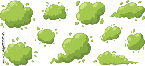 Green slime splashes set, cartoon goo blobs collection for toxic liquid and game design