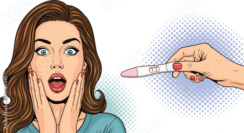 Surprised woman holding her face in shock as a hand presents a positive pregnancy test result in a retro pop art comic style illustration.