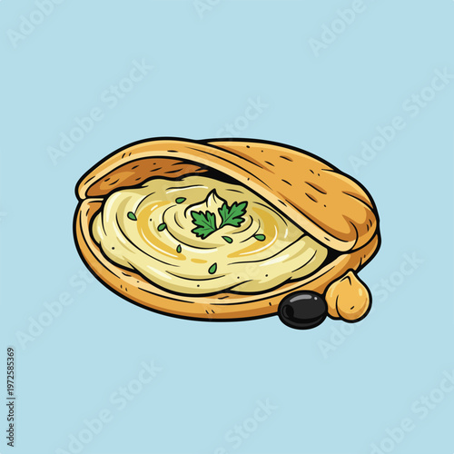 A detailed vector illustration of a warm pita bread pocket filled with creamy hummus, garnished with fresh parsley, an olive, and a chickpea.