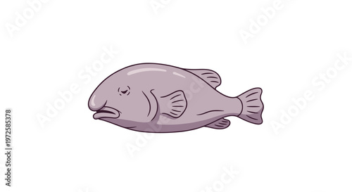 A detailed purple blobfish with a characteristic drooping nose and small fins swims peacefully against a stark white background in this simple drawing.